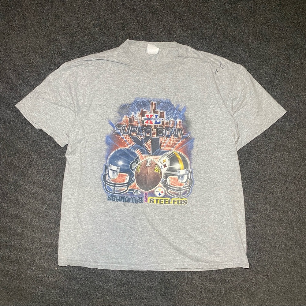 vintage Super Bowl xl Seattle Seahawks vs Pittsburgh Steelers gray shirt size xl